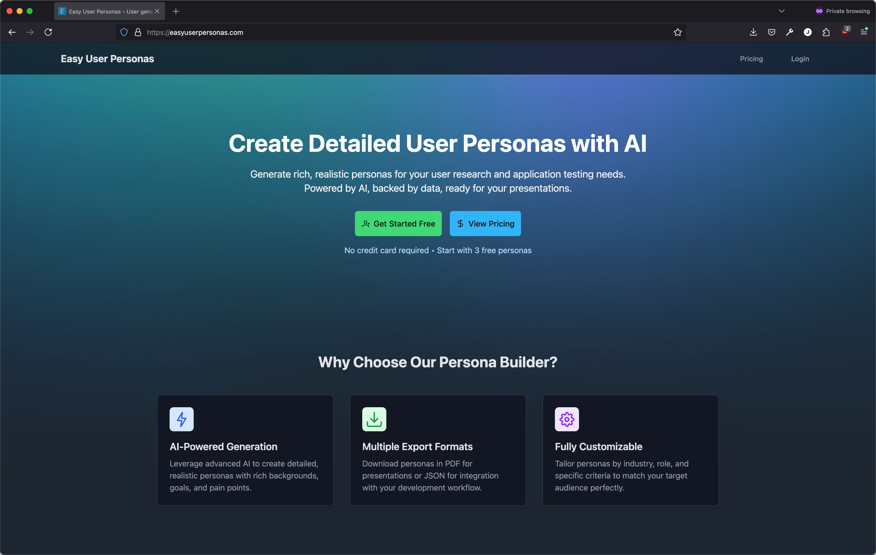 Easy User Personas landing page